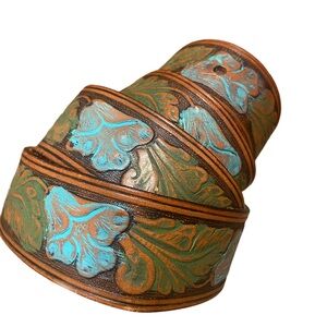 Vintage Y2K Arden B Brown Leather Belt with turquoise floral design